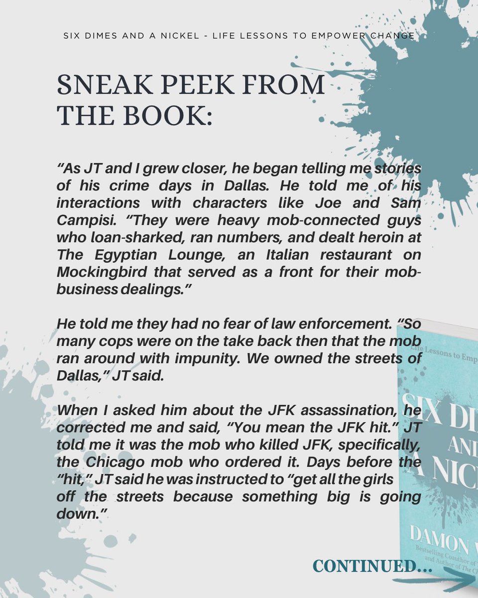 damonwest7's tweet image. He was one of the most respected lifers in prison.
A real-life mobster from the streets of Dallas.
And he told me exactly what he believes happened to JFK.
I tell his story in the bonus chapter of Six Dimes and a Nickel.

His story is wild!

📖 Preorder your copy of Six Dimes and…
