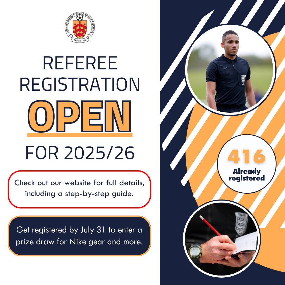 Referees, the countdown to 25/26 is on – have you registered?

✅ 416 referees have already signed up – join them for the new season!
 All the info you need to help you through the process is available below 👇
bit.ly/4e1MDds

#GlosFA