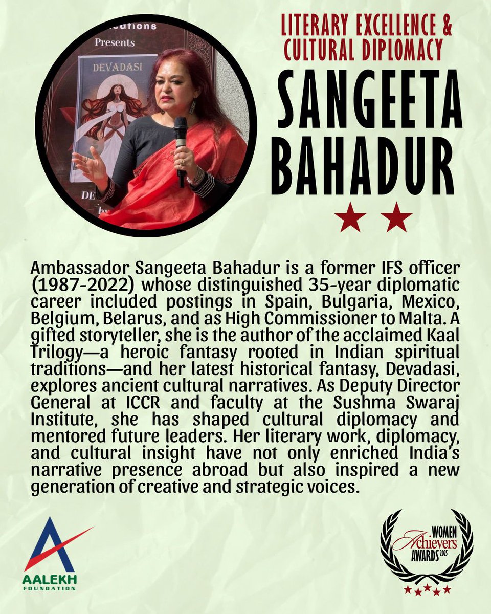 AalekhFoundOrg's tweet image. One of the 20 honourees of the Aalekh Foundation Women Achievers Awards 2025 (3rd Edition), Ambassador Sangeeta Bahadur seamlessly blends diplomacy and storytelling to amplify India’s voice on the global stage
#AalekhAwards2025 #WomenAchievers2025 #CulturalDiplomacy #LiteraryIcon