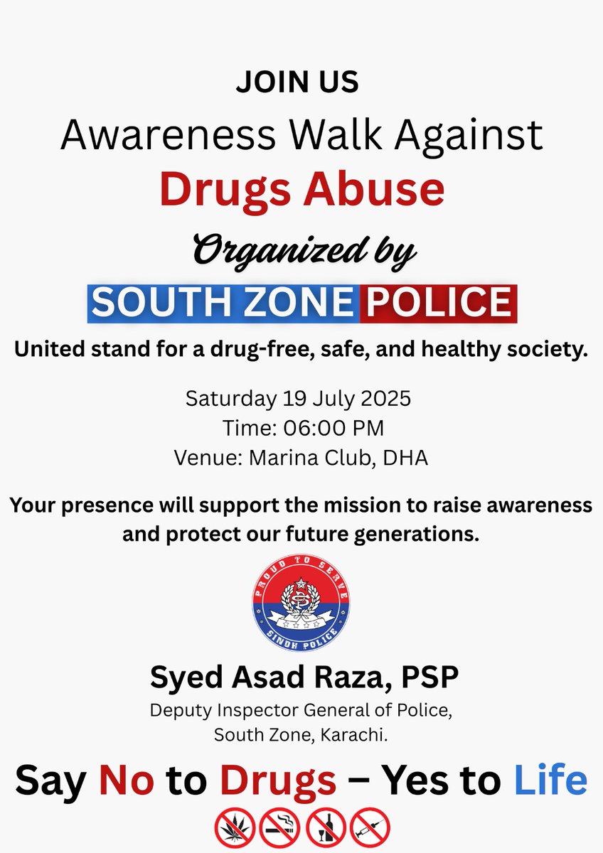 SouthDig's tweet image. South Zone Police is organising an awareness walk against drugs abuse.
#narcotics #drugfree #drugawareness #drugaddiction #AsadRaza #southzonepolice #humeraashgarcase #KarachiPolice #SindhGovernment #dhakarachi #DIGSOUTH #MediaTalk