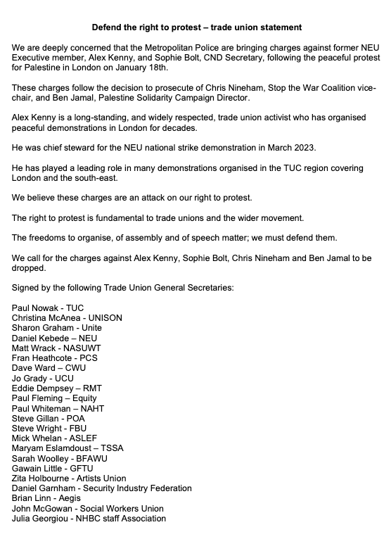 General Federation of Trade Unions (@gftu1) on Twitter photo BREAKING 🚨| We are proud to be one of the 22 organisations backing the below statement, demanding that charges against <a href="/Alex_Kenny_NEU/">Alex Kenny</a> , <a href="/SK_Bolt/">Sophie Bolt</a>, <a href="/ChrisNineham/">Chris Nineham</a> and <a href="/BenJamalpsc/">Ben Jamal</a> to be dropped.
Defend the right to protest! Join the demo
9am, 31 July| 📍Westminster Magistrates BREAKING 🚨| We are proud to be one of the 22 organisations backing the below statement, demanding that charges against <a href="/Alex_Kenny_NEU/">Alex Kenny</a> , <a href="/SK_Bolt/">Sophie Bolt</a>, <a href="/ChrisNineham/">Chris Nineham</a> and <a href="/BenJamalpsc/">Ben Jamal</a> to be dropped.
Defend the right to protest! Join the demo
9am, 31 July| 📍Westminster Magistrates