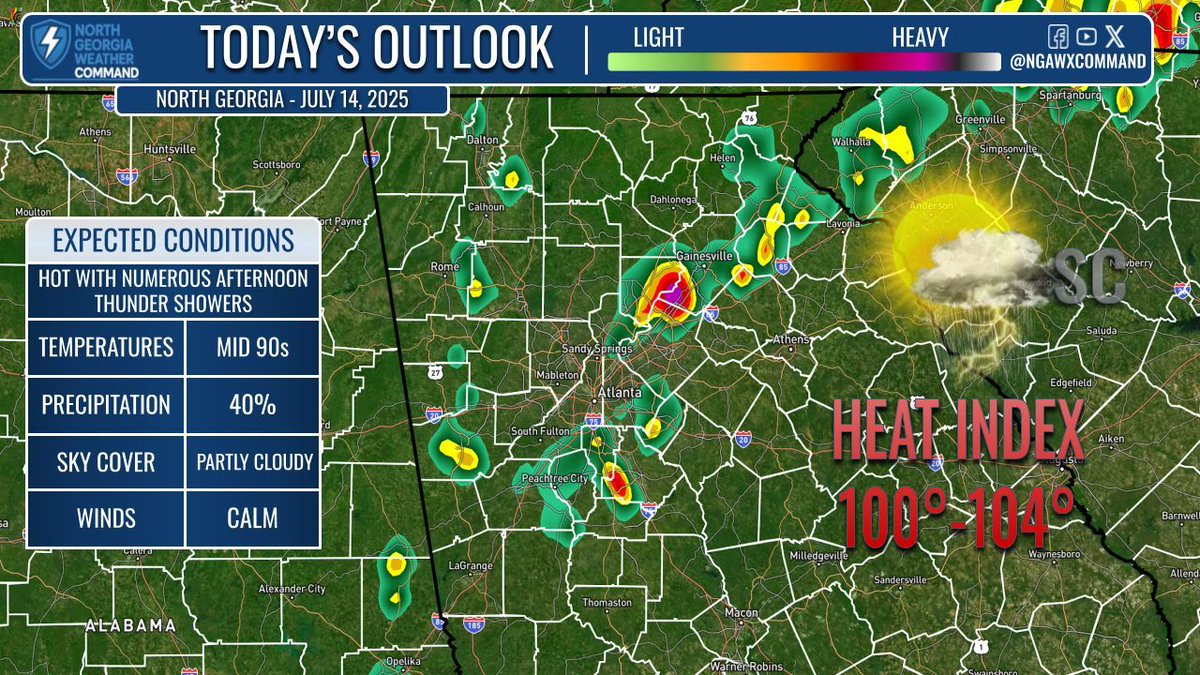 NGAWXCommand's tweet image. STEAMY & PM SHOWERS:
Highs in the mid-90s again with heat index values near or right above 100°. More coverage of scattered PM showers will help reduce the heat by the afternoon and evening hours. #gawx #Georgia #Atlanta
All Alerts: ngawxalerts.vercel.app