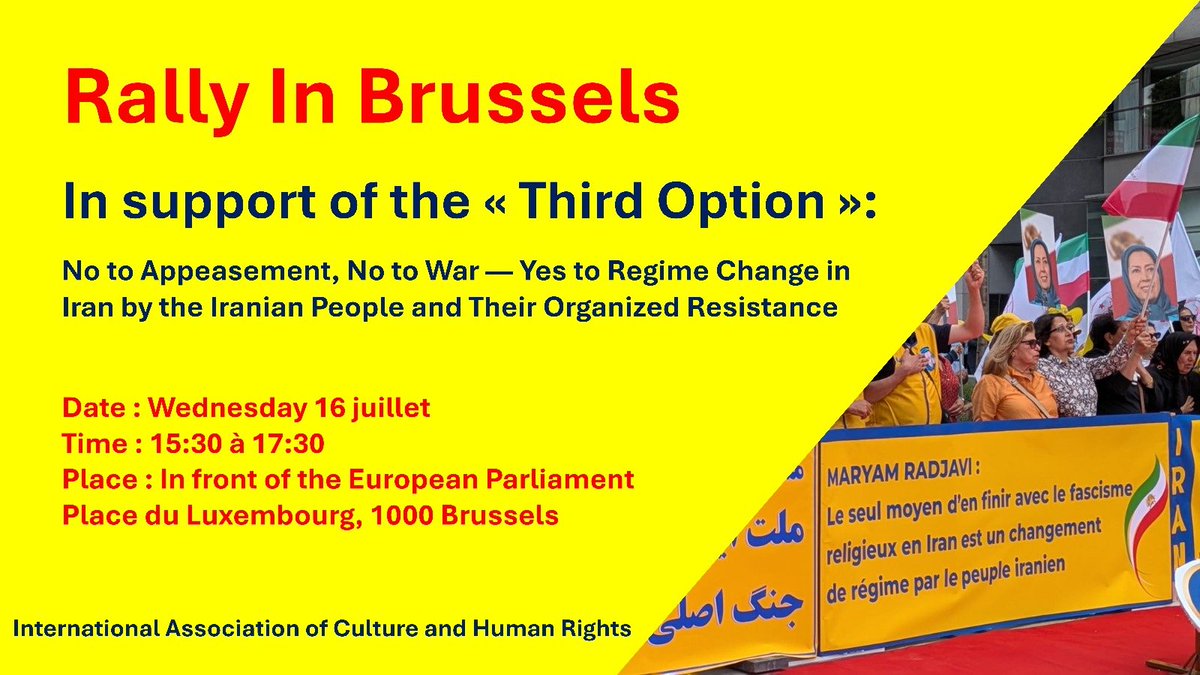 HanifFreeIran's tweet photo. 📢Tomorrow's Rally in Brussels in front of @Europarl_EN  #PLux at 15h30

"No to Appeasement, No to War - Yes to Regime Change by the People of Iran" 

cc: @eu_eeas @kajakallas @EP_President @davidmcallister @petras_petras @MilanZver @PToveri @MikaAaltola @TonoEPP @loucas_fourlas https://t.co/H2eaVeKh4G