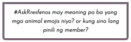 resfenos_'s tweet photo. 📬 #AskResfenos
Q: May meaning po ba 'yang mga animal emojis niyo? Or kung sino [ano] lang pinili ng member? https://t.co/aHY2isXAHG