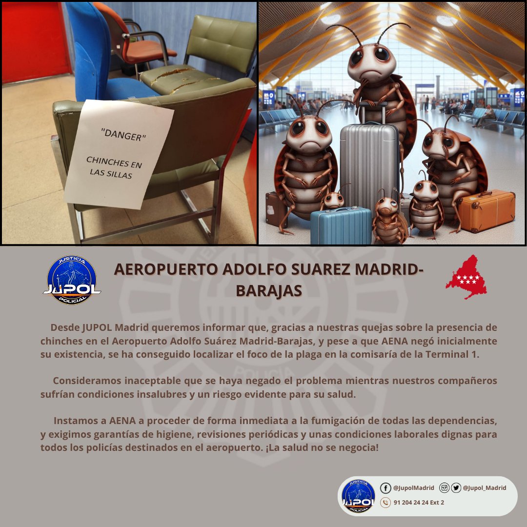 🚨 JUPOL Madrid denuncia chinches en Barajas. Localizado el foco en la comisaría T1, instamos a AENA fumigación inmediata en todas las instalaciones 🪳.

No toleramos riesgos para la salud ni condiciones indignas para los policías 👮‍♂️. ¡La salud no se negocia! 💪