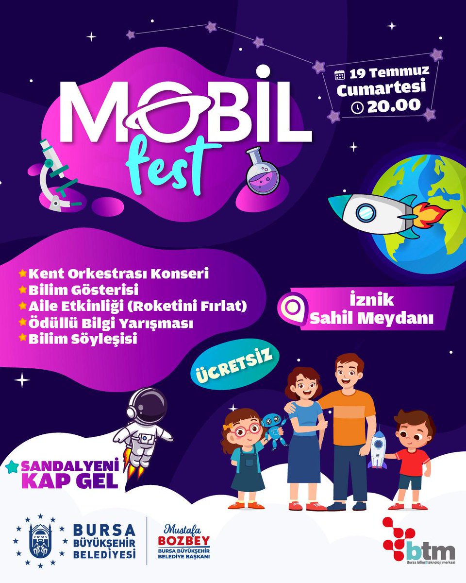 💫 MOBİLFEST 2025 serisinde ikinci durak; İznik!

İznik Gölü kıyısında, bilimle dolu, keyifli ve öğretici bir akşam geçirmek isteyen her yaştan hemşehrilerimizi 19 Temmuz Cumartesi akşamı bekliyoruz.

🎺 Bursa Kent Orkestrası’nın muhteşem konseriyle başlayacak etkinlik;

🎯