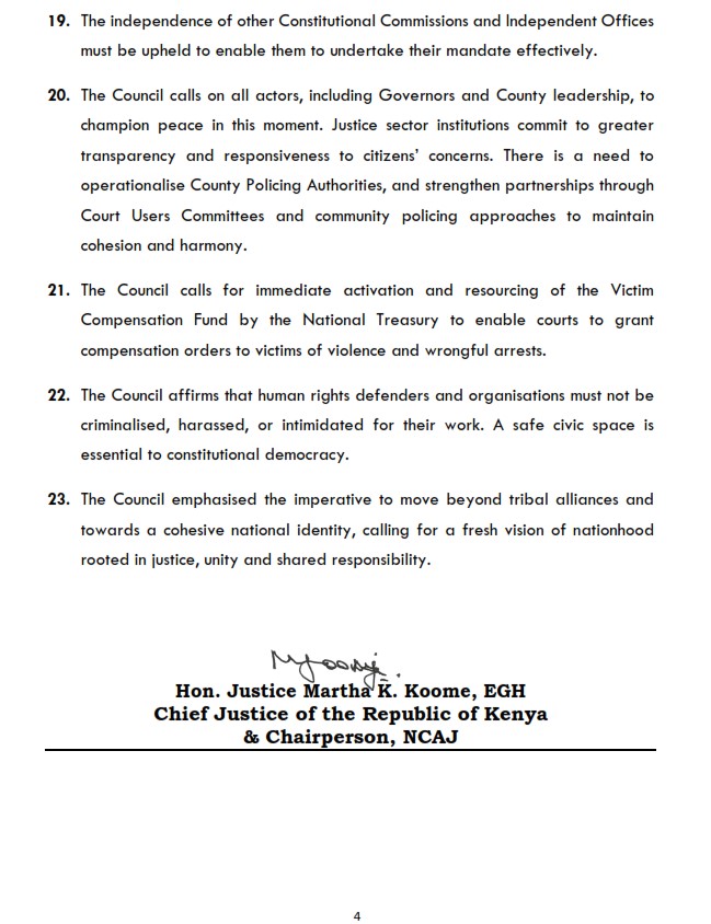 Hon. Justice Martha K. Koome, FCIArb, EGH (@cjmarthakoome) on Twitter photo Communiqué by the National Council on the Administration of Justice
A Call for the Rule of Law, Peace, Unity, and Respect for Human Rights Communiqué by the National Council on the Administration of Justice
A Call for the Rule of Law, Peace, Unity, and Respect for Human Rights