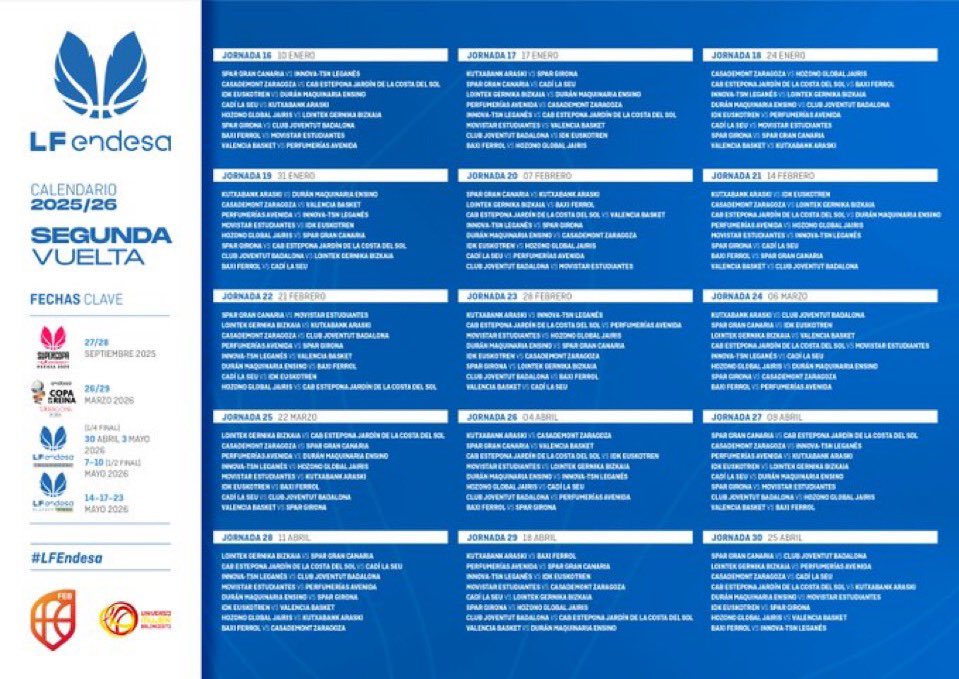 Abel Aguado (@abelaguado_) on Twitter photo Confirmado la calendario de la #LFEndesa 🏀🍊
<a href="/valenciabasket/">Valencia Basket Club</a> arrancará en Ferrol la Liga Regular 🆚<a href="/UniFerrol/">Baxi Ferrol</a> (4 de Octubre)
El 1r partido en el Roig Arena será 🆚<a href="/ibaetabasket/">IDK EUSKOTREN</a> (11/12 de Octubre) Confirmado la calendario de la #LFEndesa 🏀🍊
<a href="/valenciabasket/">Valencia Basket Club</a> arrancará en Ferrol la Liga Regular 🆚<a href="/UniFerrol/">Baxi Ferrol</a> (4 de Octubre)
El 1r partido en el Roig Arena será 🆚<a href="/ibaetabasket/">IDK EUSKOTREN</a> (11/12 de Octubre)
