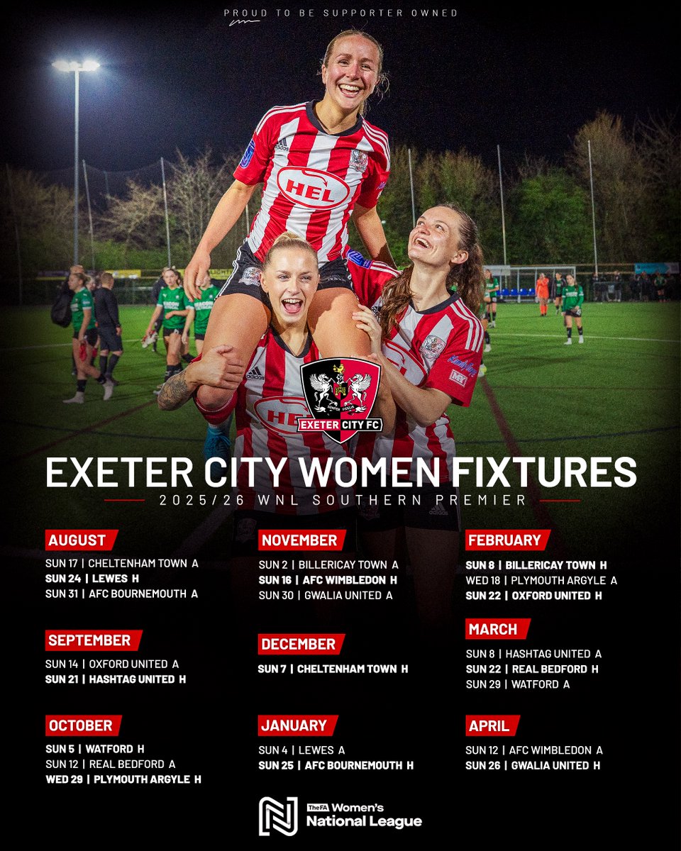 Exeter City Women FC (@exetercitywfc) on Twitter photo 🗓️ They’re here!
Our full <a href="/FAWNL/">FA Women's National League</a> 2025/26 fixture list is locked in and ready to go - better get planning! ⬇️
#ECFC 🗓️ They’re here!
Our full <a href="/FAWNL/">FA Women's National League</a> 2025/26 fixture list is locked in and ready to go - better get planning! ⬇️
#ECFC