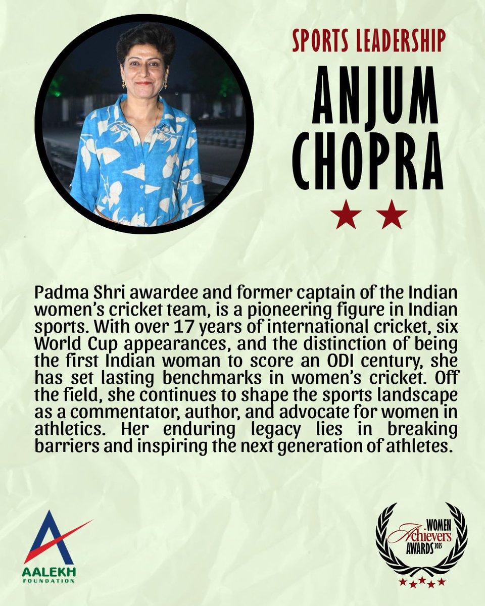 AalekhFoundOrg's tweet image. One of the 20 iconic awardees of the Aalekh Foundation Women Achievers Awards 2025 (3rd Edition), Anjum Chopra is a legendary figure in Indian sports.
#GameChanger #WomenInSports #AalekhFoundation #WomenAchievers2025 #CricketLegend #SportsLeadership #BreakingBarriers #PadmaShri