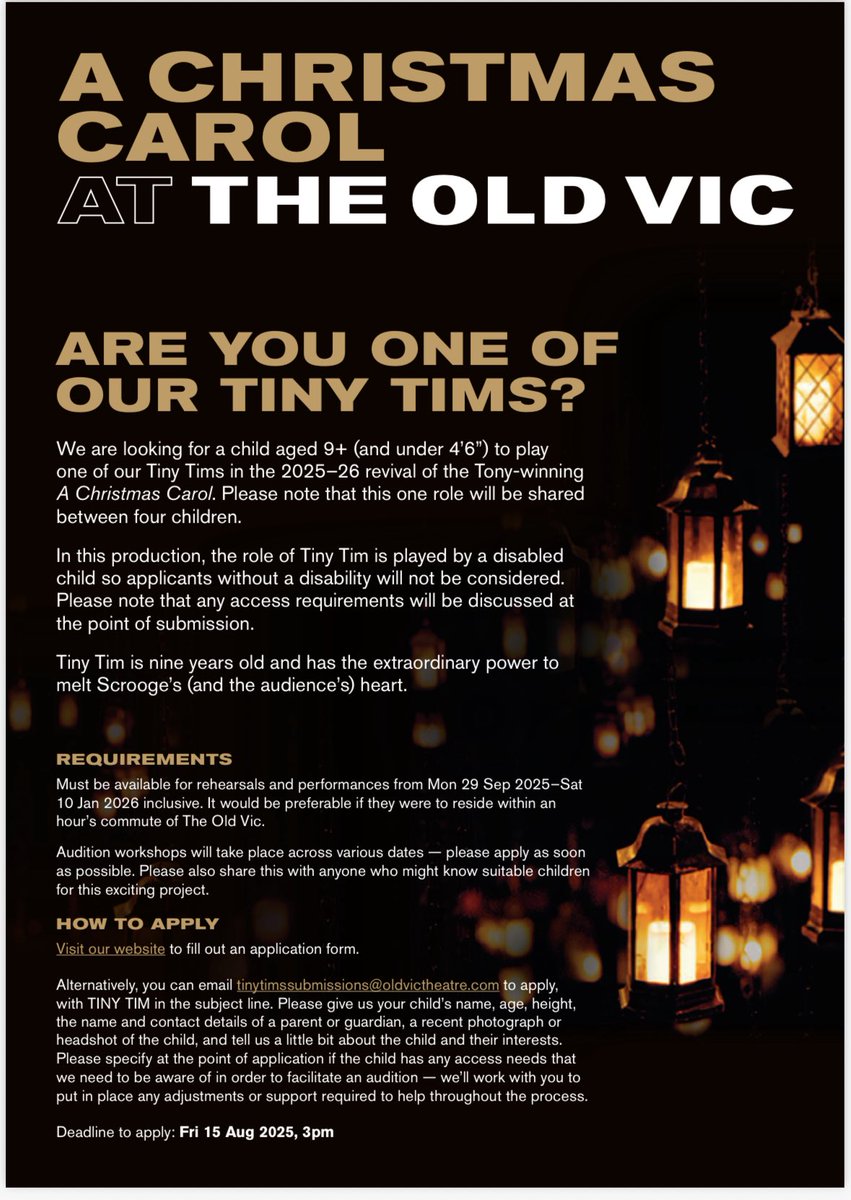 Amy Beadel (@amy_bea) on Twitter photo Do you know anyone who could be one of our Tiny Tims <a href="/oldvictheatre/">The Old Vic</a> this Christmas 👇
Please do spread the word 🙌 Do you know anyone who could be one of our Tiny Tims <a href="/oldvictheatre/">The Old Vic</a> this Christmas 👇
Please do spread the word 🙌