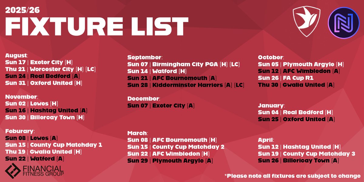 Our 2025/26 <a href="/FAWNL/">FA Women's National League</a> fixture list! 💪🔴

#CTWFC #FAWNL