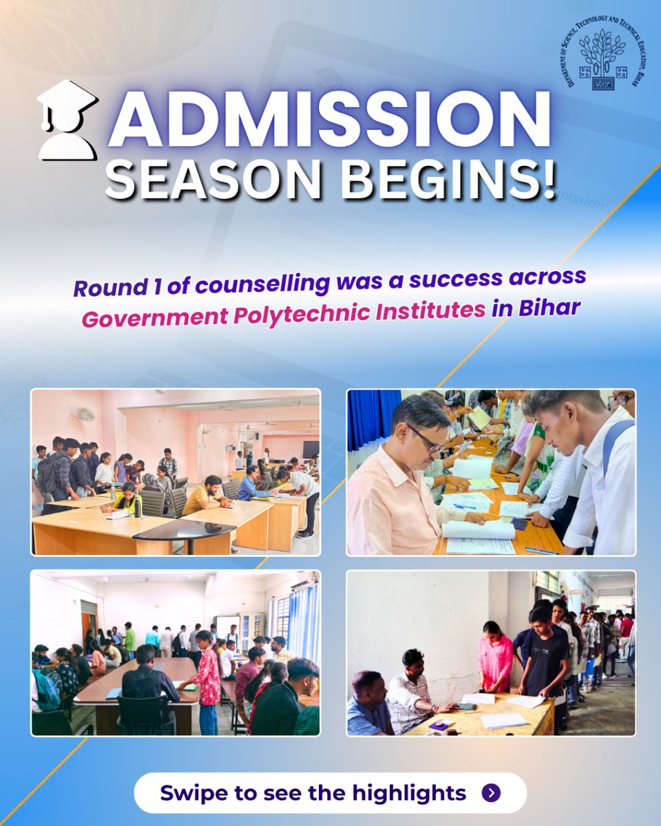 DSTTEBihar's tweet image. The 1st round of admissions at Govt Polytechnic Institutes in Arwal, Gopalganj, Sitamarhi, Bhagalpur &amp;amp; Muzaffarpur was a success! 

Excited students joined with hope &amp;amp; enthusiasm. Best wishes from Dstte Bihar 

#PolytechnicAdmissions #BiharEducation  #Admissions2025