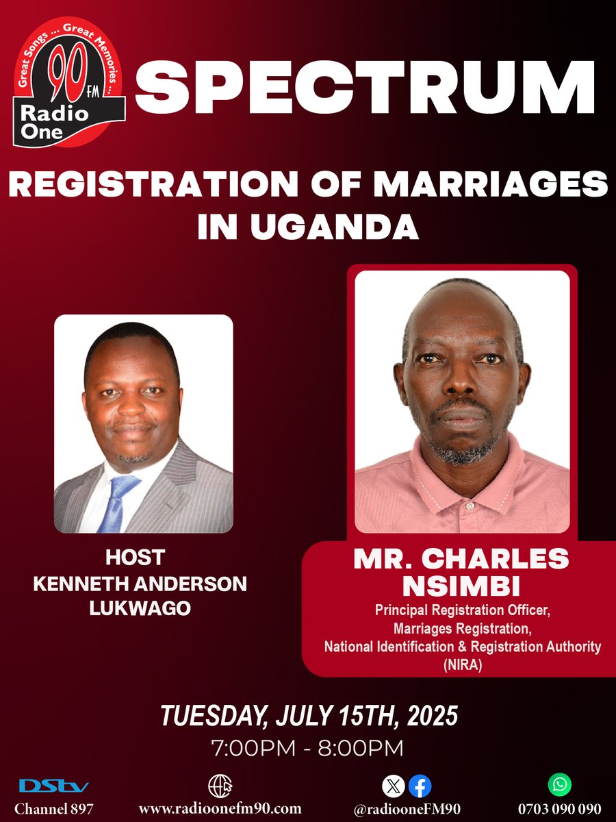 Radio One FM90 (@radioonefm90) on Twitter photo "REGISTRATION OF MARRIAGES IN UGANDA."
Tonight, on Spectrum with <a href="/anderlukson/">Kenneth Anderson Lukwago</a>
<a href="/URSBHQ/">Uganda Registration Services Bureau</a>
<a href="/StatisticsUg/">UBOS Uganda Bureau of Statistics</a>
<a href="/NIRA_Ug/">NIRA</a>
<a href="/pwatchug/">Parliament Watch</a>
<a href="/Parliament_Ug/">Parliament of Uganda</a>
<a href="/GovUganda/">Government of Uganda</a>
#RadioOne #FM90 #SPECTRUM "REGISTRATION OF MARRIAGES IN UGANDA."
Tonight, on Spectrum with <a href="/anderlukson/">Kenneth Anderson Lukwago</a>
<a href="/URSBHQ/">Uganda Registration Services Bureau</a>
<a href="/StatisticsUg/">UBOS Uganda Bureau of Statistics</a>
<a href="/NIRA_Ug/">NIRA</a>
<a href="/pwatchug/">Parliament Watch</a>
<a href="/Parliament_Ug/">Parliament of Uganda</a>
<a href="/GovUganda/">Government of Uganda</a>
#RadioOne #FM90 #SPECTRUM