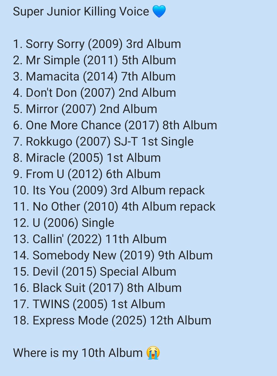 Super Junior include at least 1 song from their albums/repack/single except 10th Album The Renaissance 😭😅

#ExpressMode #SuperJunior25 #SuperJunior <a href="/SJofficial/">SUPER JUNIOR</a>