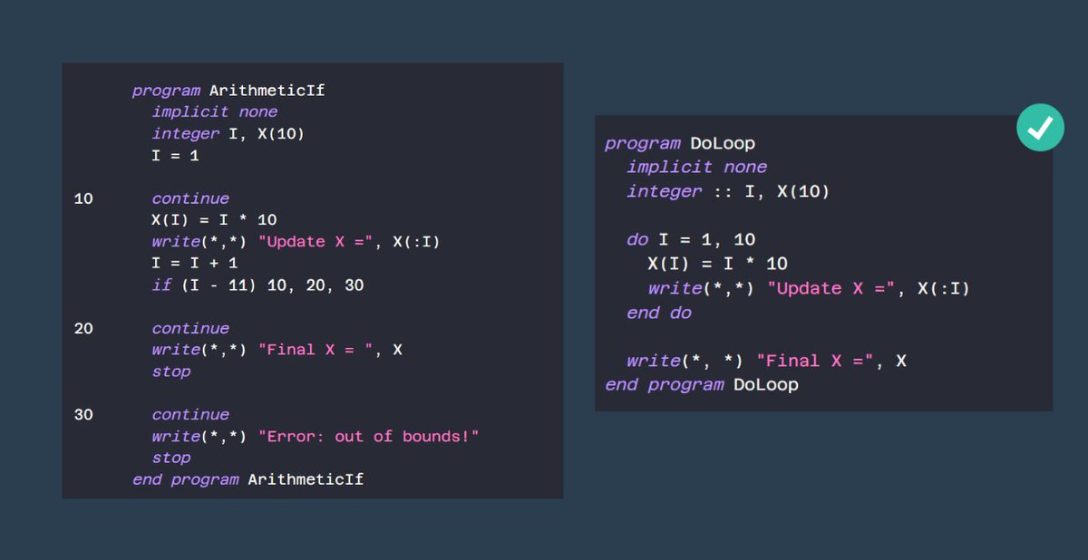 codee_com's tweet image. 💡 Modernize your Fortran code!
Avoid legacy constructs like GO TO, COMMON, PAUSE, and arithmetic IF.
✅ Use modules, structured IF, and derived types — safer, cleaner, and easier to maintain.
Details 👉 open-catalog.codee.com/Checks/PWR063/
#tip #rules #guidelines