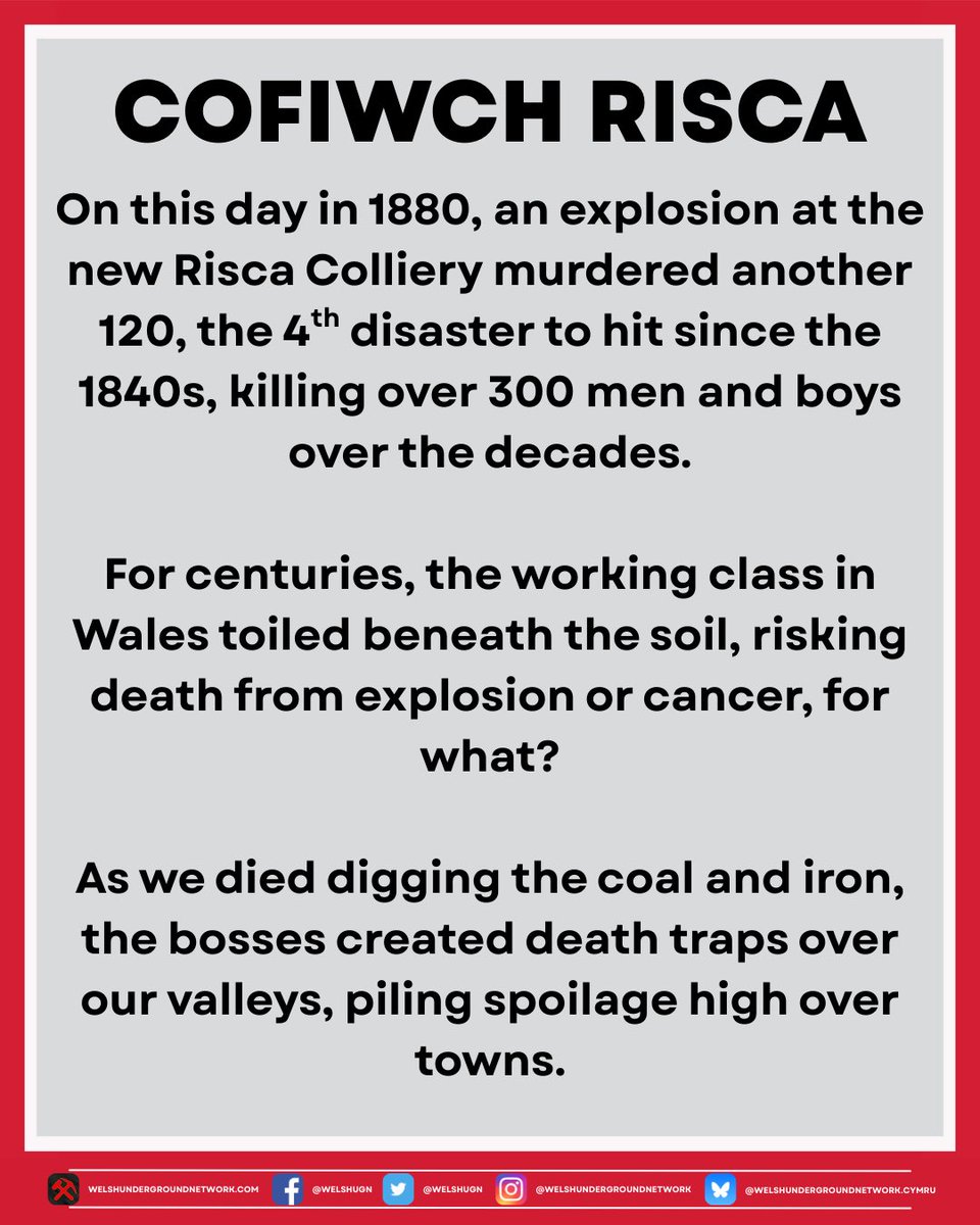 WelshUGN's tweet image. 15th JULY - A BLOODY DAY
On this day in 1856 and 1880, mine explosions slaughtered over 200 workers.
Across the coalfields, men and boys are buried, buried by the capitalists who cut corners and relentlessly pursued the imperialist extraction of our resources.
