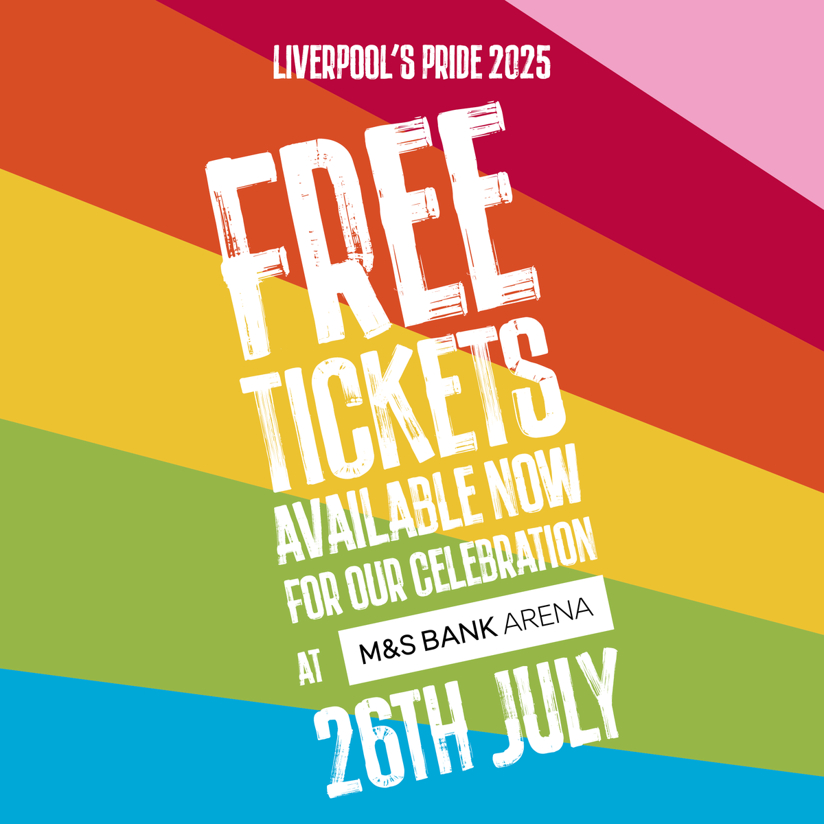 MandSBankArena's tweet image. 🎟️ Free tickets are now available for Liverpool’s Pride – A Celebration at M&S Bank Arena on Saturday 26th July!
600 tickets are available to those who may face financial or other accessibility barriers that would otherwise prevent them from attending. These tickets are offered…