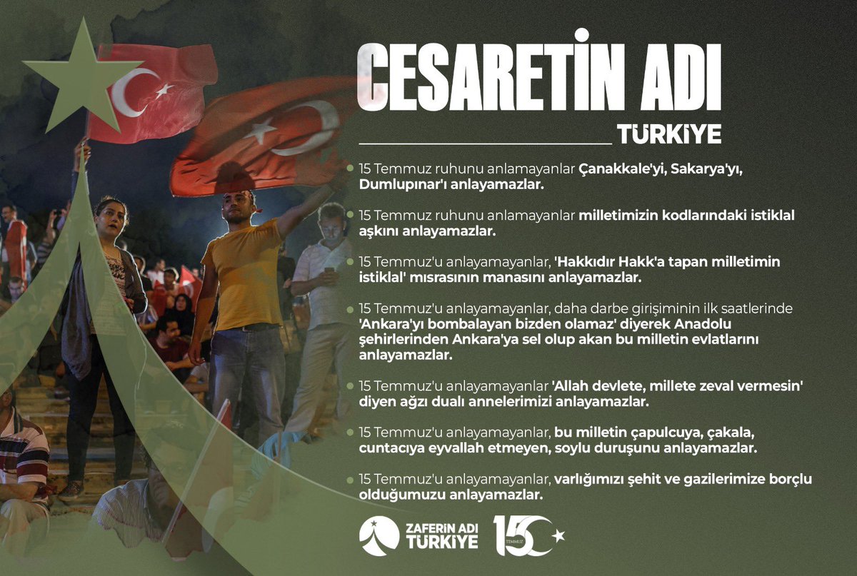 svknesibe (@svknesibe1) on Twitter photo 15 Temmuz ruhunu anlamayanlar Çanakkale'yi, Sakarya'yı, Dumlupınar'ı anlayamazlar.
#15Temmuz ruhunu anlamayanlar milletimizin kodlarındaki istiklal aşkını anlayamazlar.
Cesaretin ve Zaferin Adı Türkiye.. 15 Temmuz ruhunu anlamayanlar Çanakkale'yi, Sakarya'yı, Dumlupınar'ı anlayamazlar.
#15Temmuz ruhunu anlamayanlar milletimizin kodlarındaki istiklal aşkını anlayamazlar.
Cesaretin ve Zaferin Adı Türkiye..