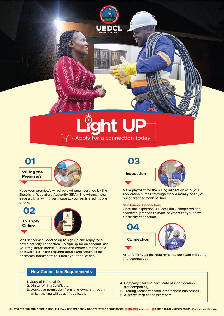UEDCLTD's tweet image. Light Up Your Home or Business!
Apply for an electricity connection today and start enjoying the comfort, convenience, and opportunities that power brings.
The process is quick, simple, and hassle-free.
#UEDCLinService #LightingUpYourWorld