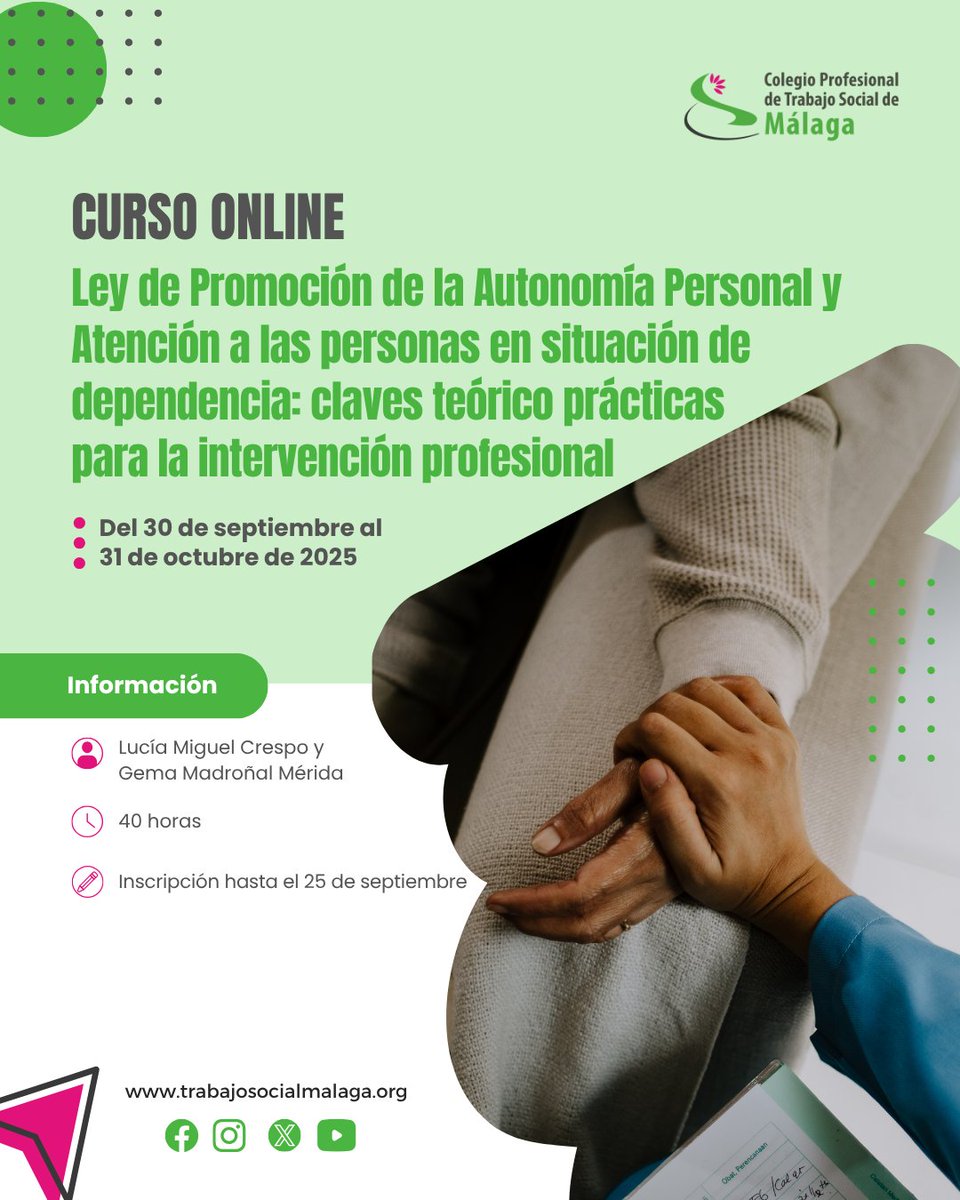NUEVO CURSO @ONLINE‼️ “Ley de Promoción de la Autonomía Personal y Atención a las personas en situación de #dependencia: claves teórico prácticas para la intervención profesional” (40h.)

📝 Inscríbete antes del 25 de septiembre

ℹ️trabajosocialmalaga.org/curso-ley-de-p…