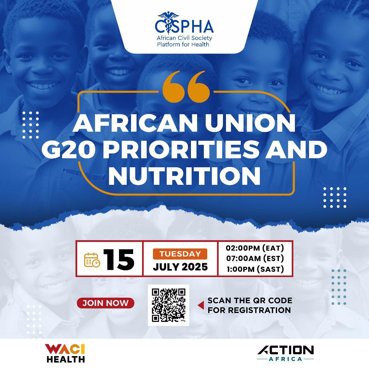WACIHealth's tweet image. ⏰We have kicked off!
Join to discuss Africa’s nutrition progress, challenges & opportunities – especially regarding #AU’s #G20 engagement and the 2025 Nutrition for Growth Summit commitments.
🔗Zoom: us02web.zoom.us/meeting/regist…
@CiSPHA_Tweet @ACTION_tweets #N4G