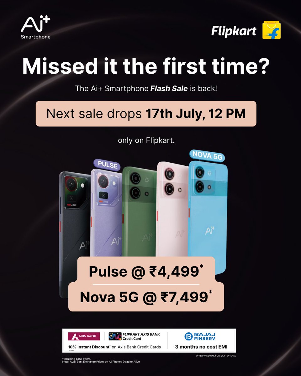 Smart performance begins with the right essentials.
Pulse comes with a 10W Charger (supports up to 18W fast charging) and a Type-C cable - all included in the box.

And here’s more, the Ai+ Smartphone Flash Sale is back on 17th July, 12 PM onwards.

Set reminders: