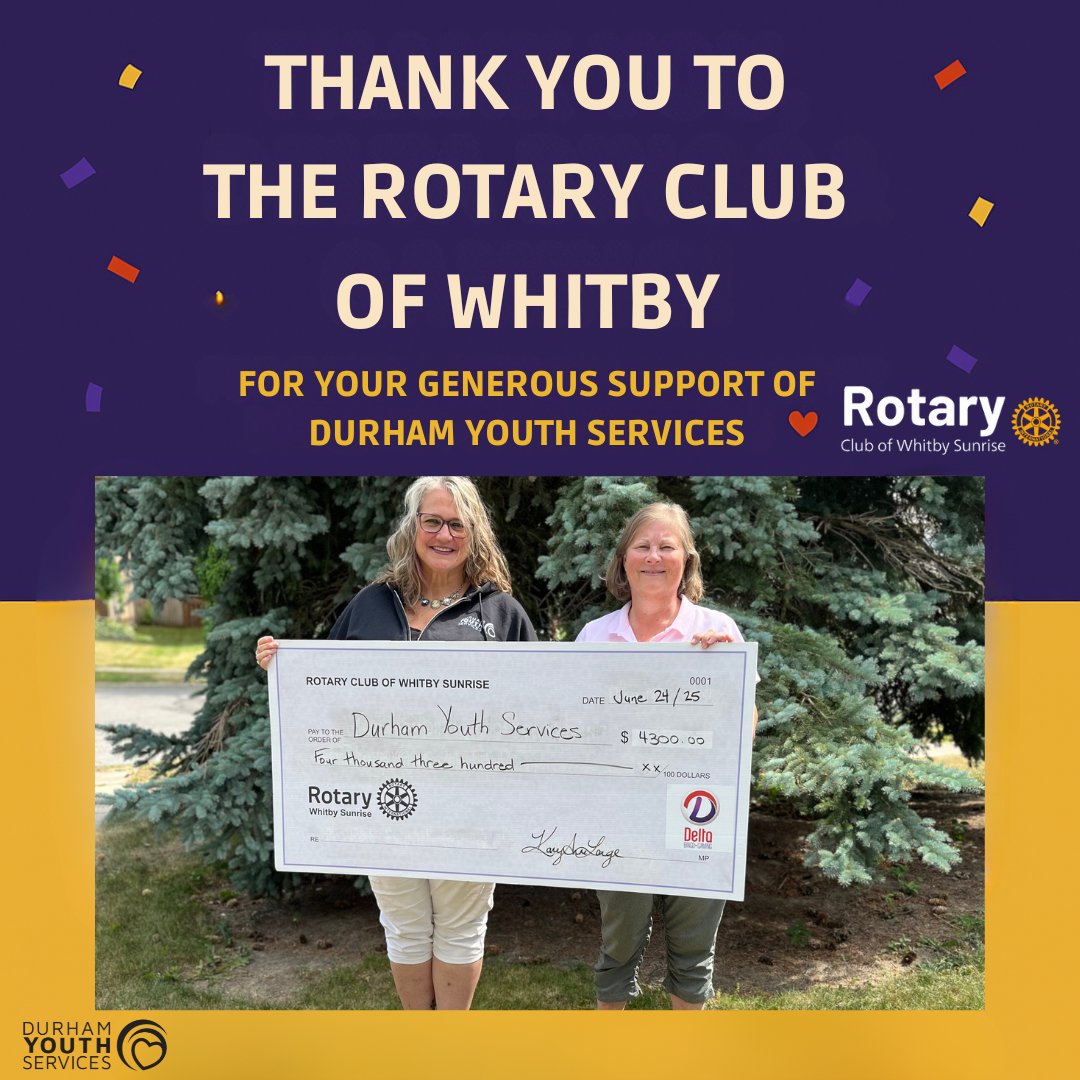 🎉 Thank You, <a href="/WhitbyRotarySun/">Whitby Sunrise Rotary</a> 
We’re incredibly grateful for your generous $4,300 donation toward our Extending Our Youth Housing Solutions Project.
Pictured here is Linda from DYS (L) and Lianne from Rotary Club of Whitby Sunrise (R)