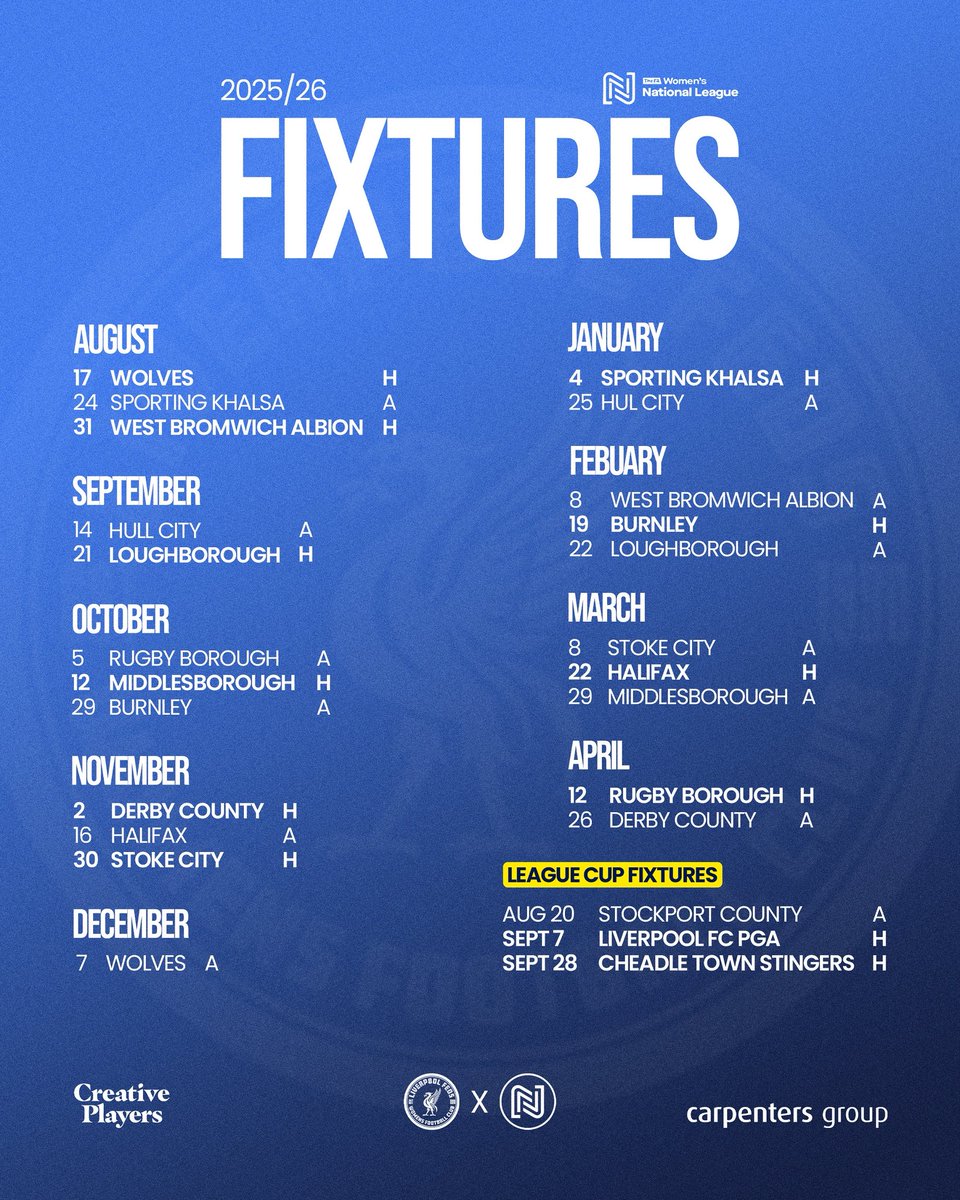 Liverpool Feds FC Women (@liverpoolfeds) on Twitter photo 📅 The 25/26 fixtures are here!
We kick things off at home against <a href="/WolvesWomen/">Wolves Women FC</a> on the 17th August – 💪⚽️
Our <a href="/FAWNL/">FA Women's National League</a> League Cup group is set:
🔴 Liverpool PGA
🔴 Cheadle Town
🔵 Stockport
Plenty to look forward to this season 👊 We can’t wait to see you again Feds fans! 📅 The 25/26 fixtures are here!
We kick things off at home against <a href="/WolvesWomen/">Wolves Women FC</a> on the 17th August – 💪⚽️
Our <a href="/FAWNL/">FA Women's National League</a> League Cup group is set:
🔴 Liverpool PGA
🔴 Cheadle Town
🔵 Stockport
Plenty to look forward to this season 👊 We can’t wait to see you again Feds fans!