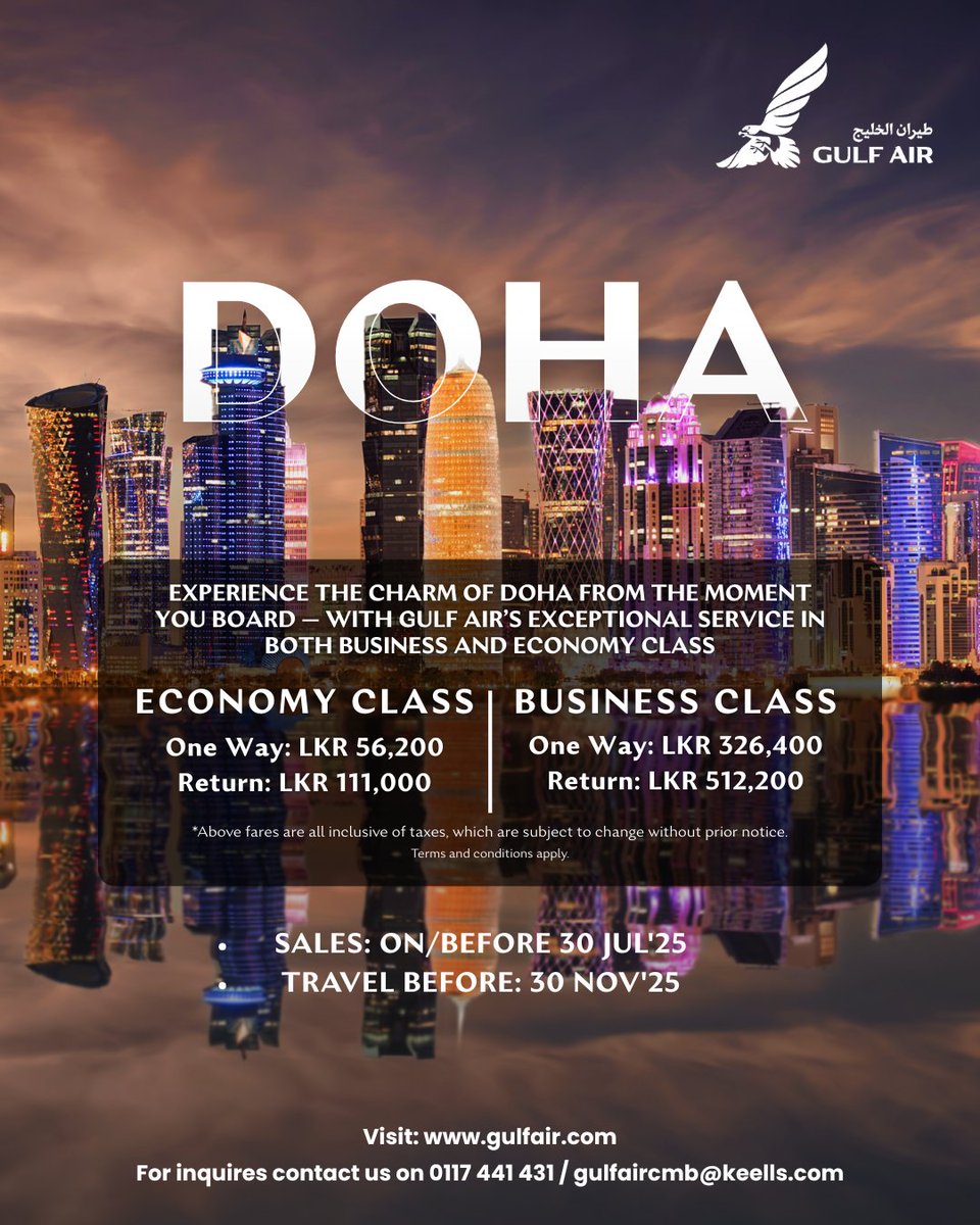 MackAir_JKH's tweet photo. From the elegance of Business Class to the comfort of Economy, Gulf Air ensures a seamless journey. Touch down in Doha and explore its wonders. 🇶🇦

Visit our website at https://t.co/tzbJh2E7p9.

#Doha #GulfAir #GulfAirSriLanka #mackair #jkh #jkhtrp https://t.co/BytgNzj2yI