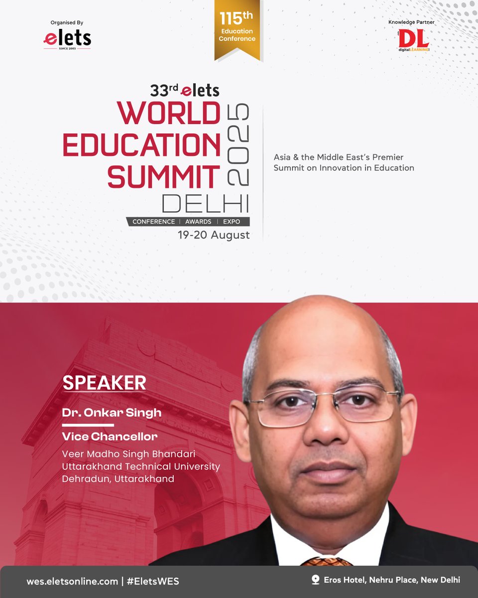 At the 33rd Elets World Education Summit Delhi 2025, Dr. Onkar Singh, Vice Chancellor, Veer Madho Singh Bhandari Uttarakhand Technical University, Dehradun, Uttarakhand, will join as a speaker.

Express Interest: bit.ly/wesdelhi

#Elets #EletsWES #WESDelhi2025