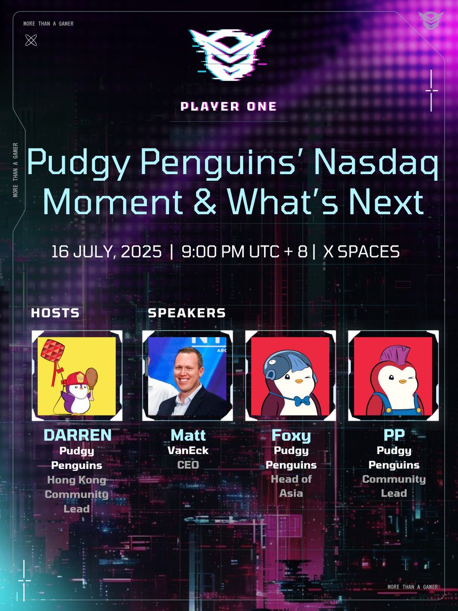 FROM MEME TO MAINSTREAM 🚀

Pudgy Penguins just iced out the competition - and Nasdaq noticed. Join this exclusive special as we unpack their historic ETF momentum!

📅 DATE: 16 July, 2025
⏰ TIME: 9pm UTC+8
🔗 CALENDAR: x.com/i/spaces/1mnxe…

SPEAKERS:
🔹 Matt Bartlett