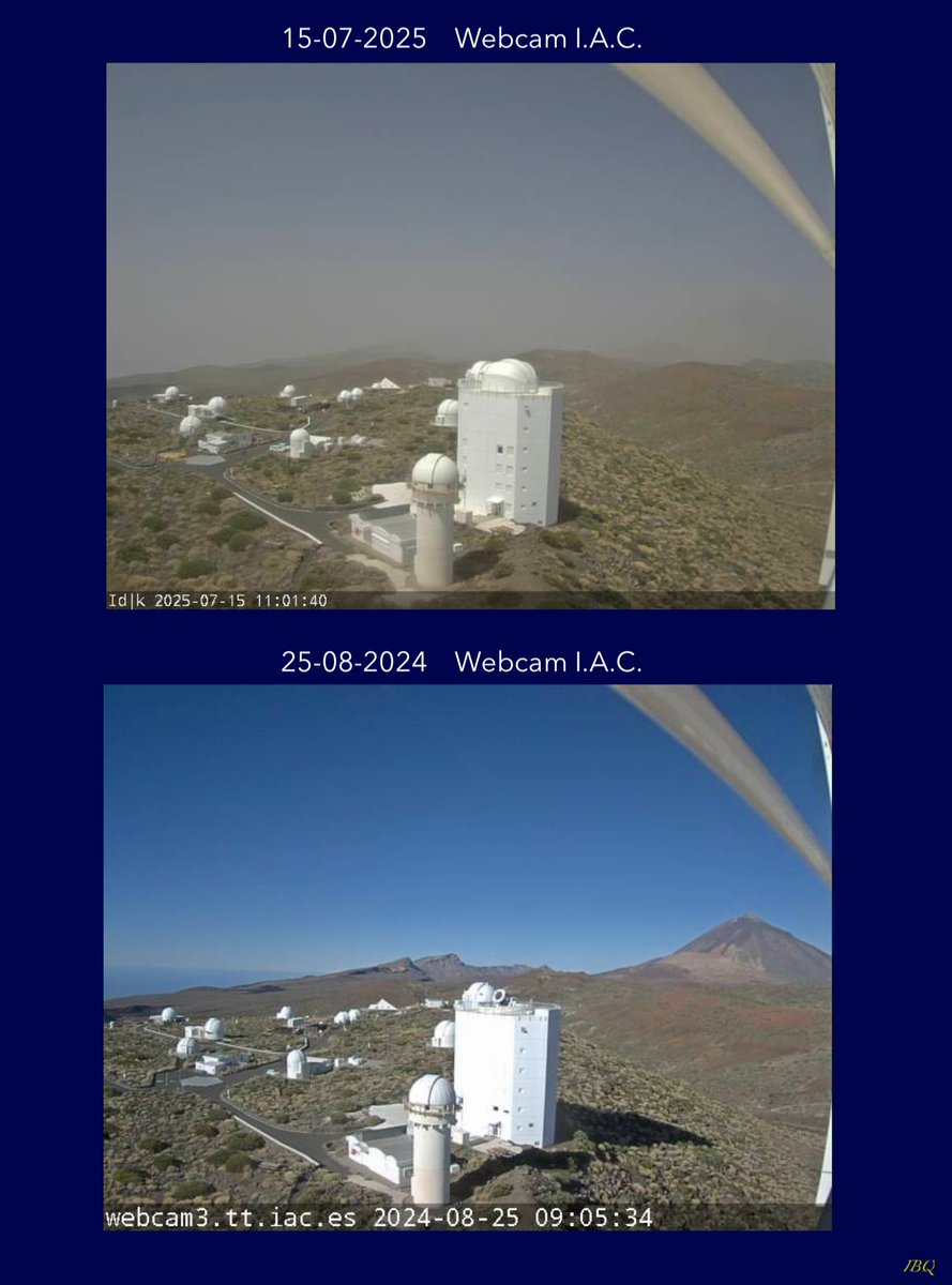 isaki64's tweet image. Buenos días

El polvo que nos entró de madrugada por las orientales, ya se va desplazando hacia las occidentales
Aquí vemos una comparativa con una webcam del Observatorio del Teide @IAC_Astrofisica 
La de arriba es como se ve ahora, la de abajo es como se ve en un día despejado