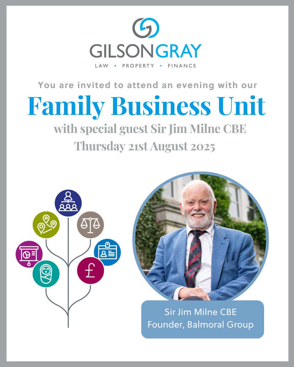 Join Gilson Gray for an exclusive evening at Marcliffe in Aberdeen, hosted by our Family Business Unit and featuring our special guest Sir Jim Milne CBE on 21st August.

🎟 Reserve your free ticket here:
eventbrite.co.uk/e/an-evening-w…