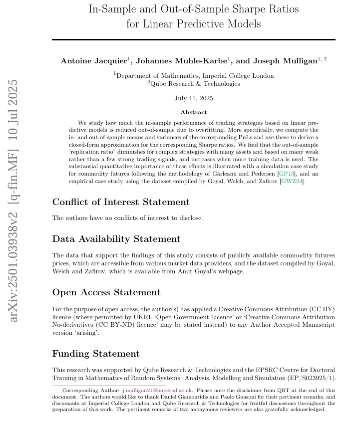 quantseeker's tweet image. A revised version of Jacquier et al. on quantifying overfitting is out.
Key takeaways:
– Overfitting is worse with many weak signals
– Favor a few, strong predictors
– Use the longest backtest you can
– Simple models replicate better out-of-sample

Paper: arxiv.org/abs/2501.03938