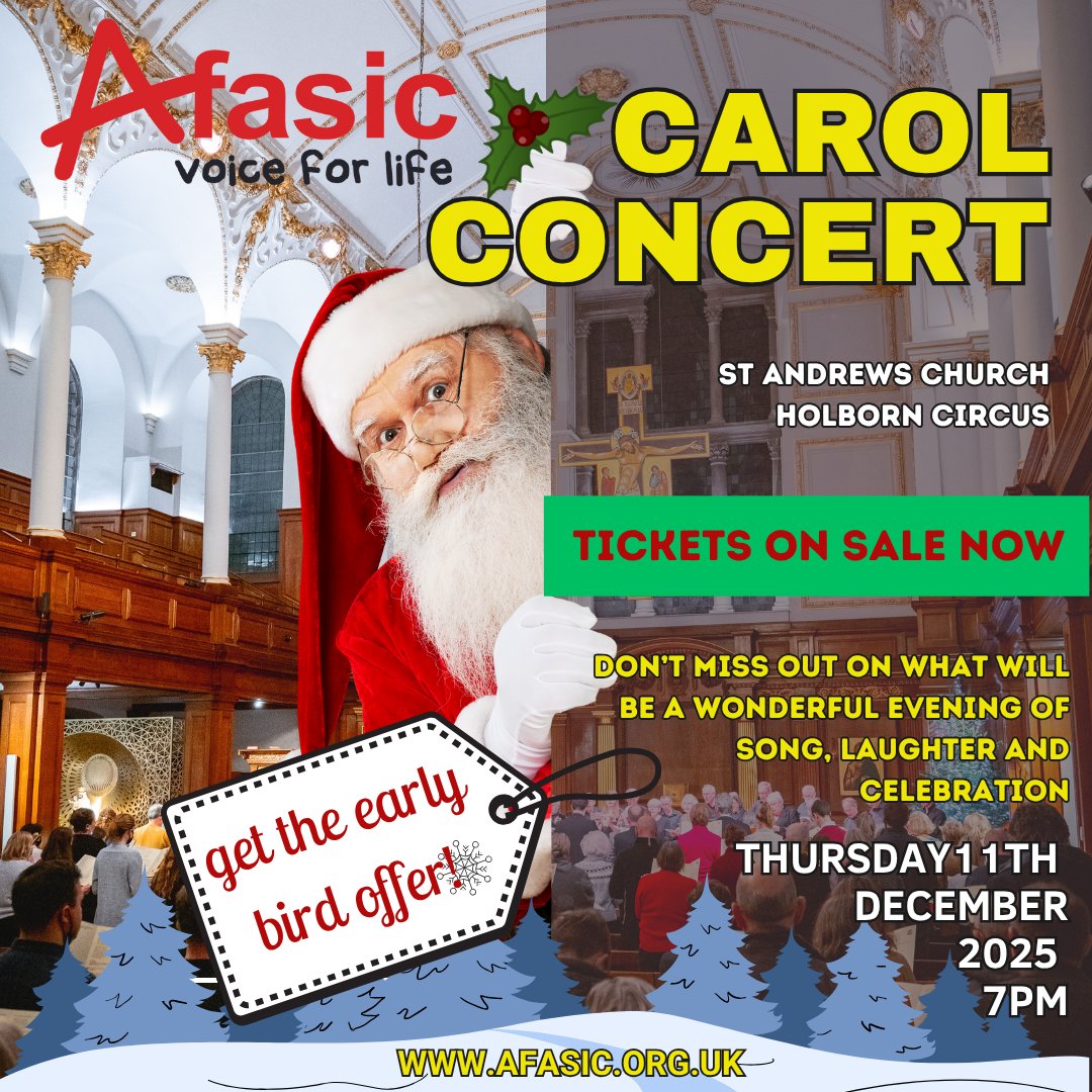 Afasic's tweet image. Tickets are now on sale for our 2025 Carol Concert at St Andrew's Church, Holborn. Get the early bird offer now £15 instead of £20 and save some money for what is a wonderful evening of music and festive fun! Tickets Available fundraising.afasic.org.uk/event/afasic-c…