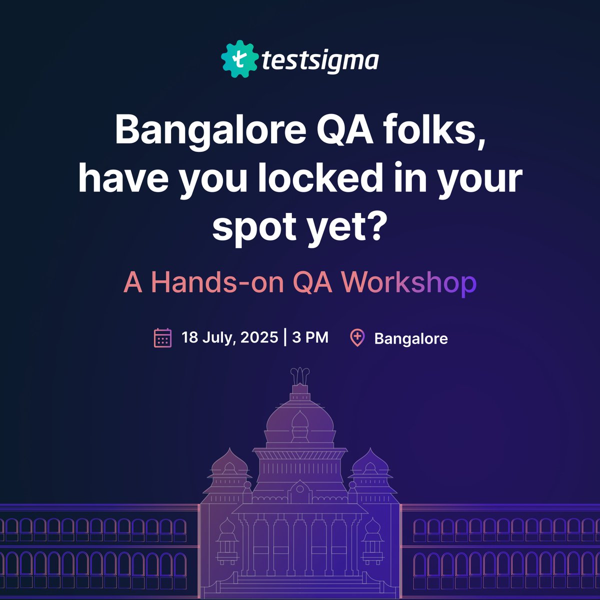 testsigmainc's tweet image. 🎙️ Bangalore QA folks, are you in?
Join us on July 18 for a hands-on QA workshop with Testsigma's AI agents.
💚 Live challenges, prizes, certificates & early access to Agentic AI test automation.
Free entry. Limited seats!
Register now - bit.ly/3GAEvUX