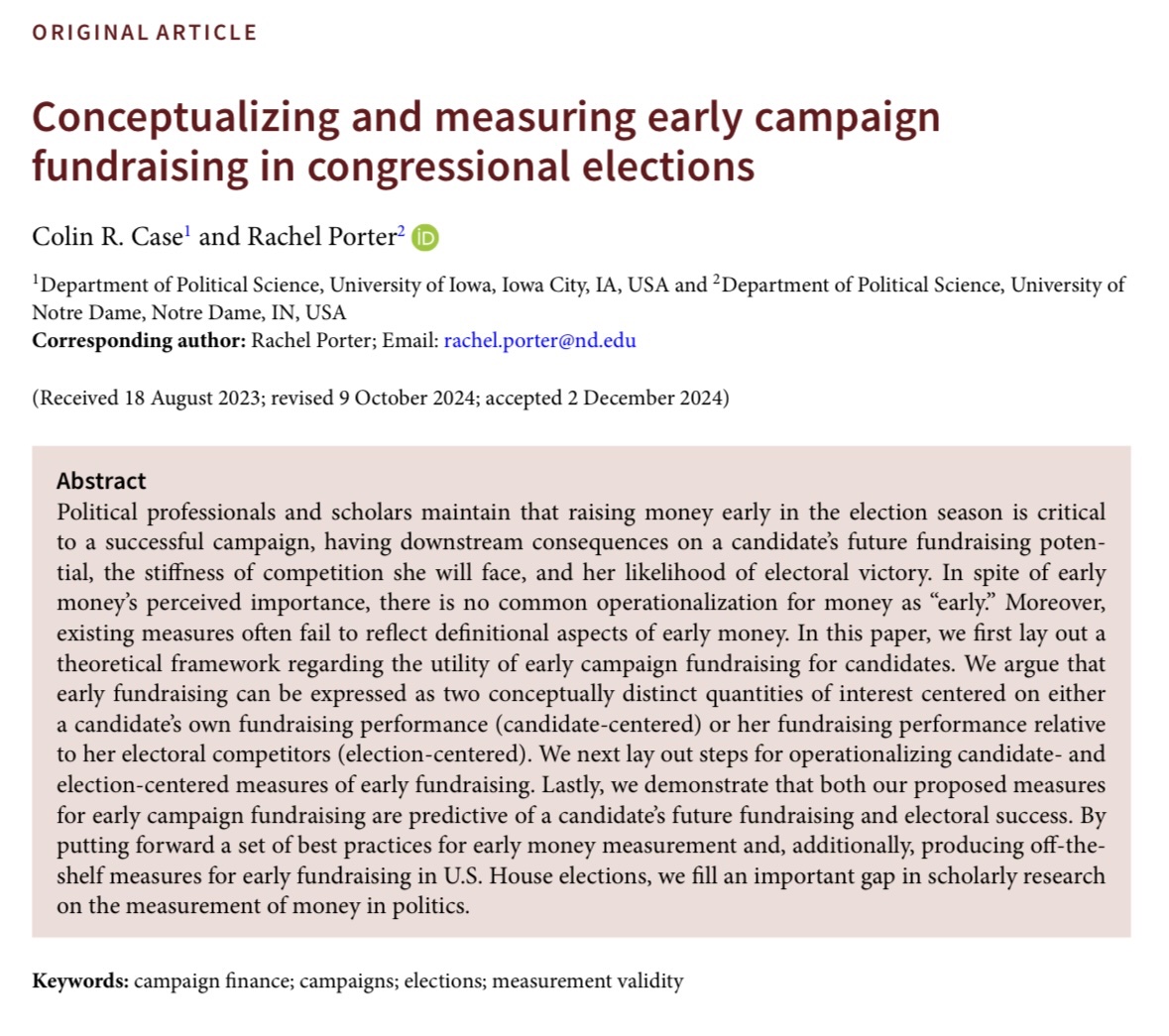 rachel__porter's tweet image. 💸 How should scholars measure early money in campaigns? Our new @PSRMJournal article in FirstView (w/ @colinrcase) offers a theoretical and empirical framework, as well as practical guidance for working with FEC data
🔗doi.org/10.1017/psrm.2…