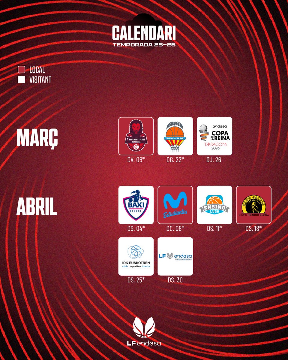 Ja tenim el calendari de la #LFEndesa 25/26! 📅

*Horaris pendents de confirmació