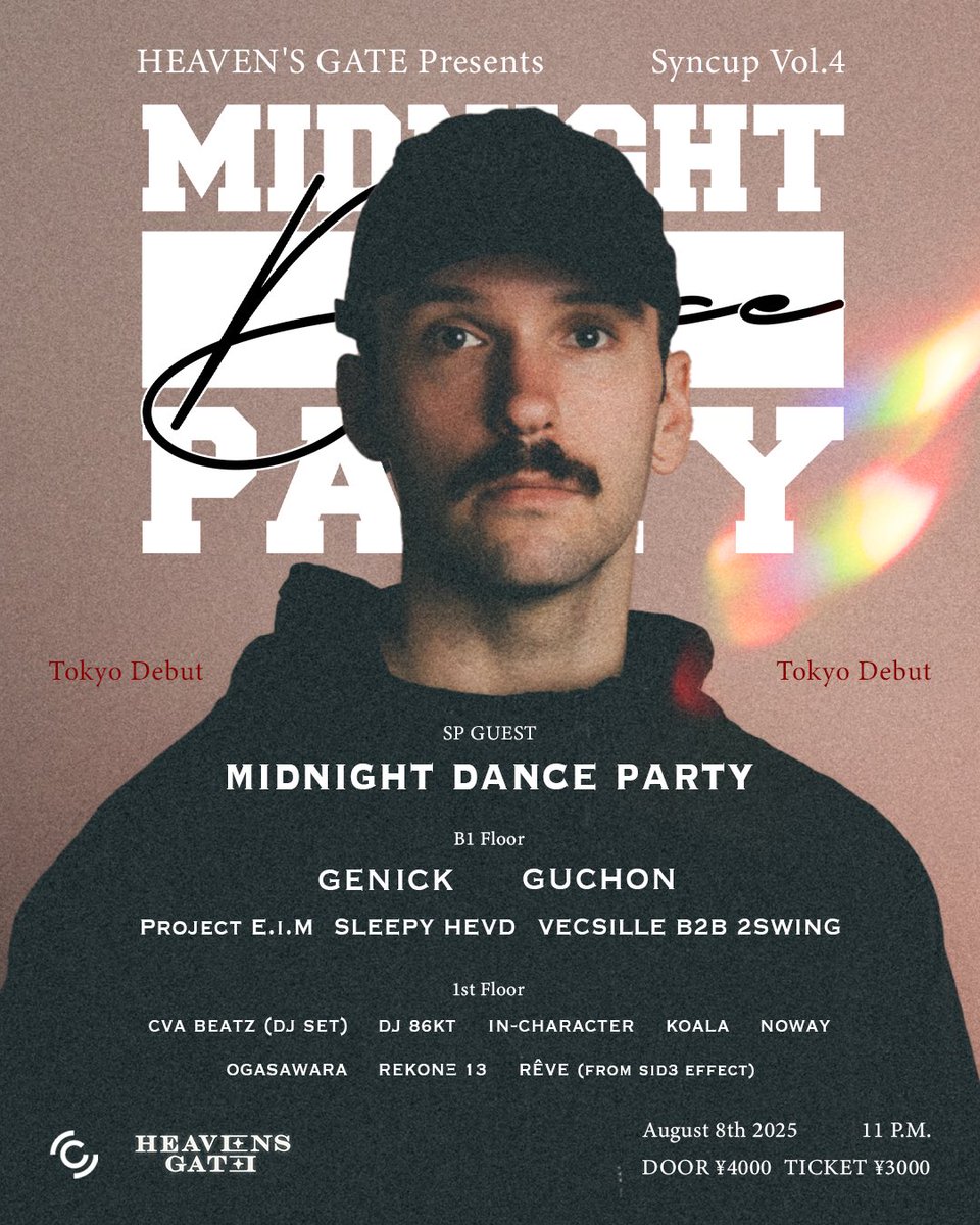 🔥いよいよ１ヶ月後🔥
Midnight Dance Partyがオーストラリアから初来日！
🗓8/8(金) @ CIRCUS TOKYO

エモーショナルなボーカルと実験的なサウンドで世界を魅了する彼が東京の夜をジャック⚡️
国内勢にはGenick &amp; Guchonも参戦！

新曲“It's Just Nightmare”も要チェック✅✅