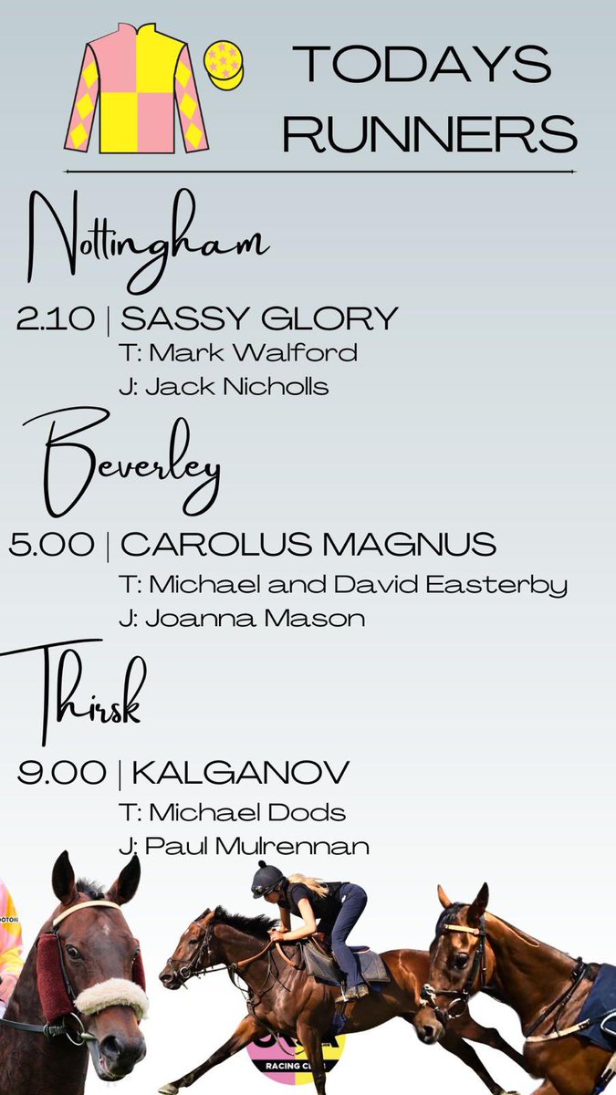 Ursa Major Racing Ltd (@ursamajorracing) on Twitter photo 3 runners today
3 different tracks
3 different trainers
3 different jockeys
Sassy Glory
Carolus Magnus
Kalganov
Good luck everyone
<a href="/mwalfordracing/">Mark Walford</a>
<a href="/MickEasterby/">Michael & David Easterby Racing</a>
<a href="/mdodsracing/">Michael Dods Racing</a> 3 runners today
3 different tracks
3 different trainers
3 different jockeys
Sassy Glory
Carolus Magnus
Kalganov
Good luck everyone
<a href="/mwalfordracing/">Mark Walford</a>
<a href="/MickEasterby/">Michael & David Easterby Racing</a>
<a href="/mdodsracing/">Michael Dods Racing</a>