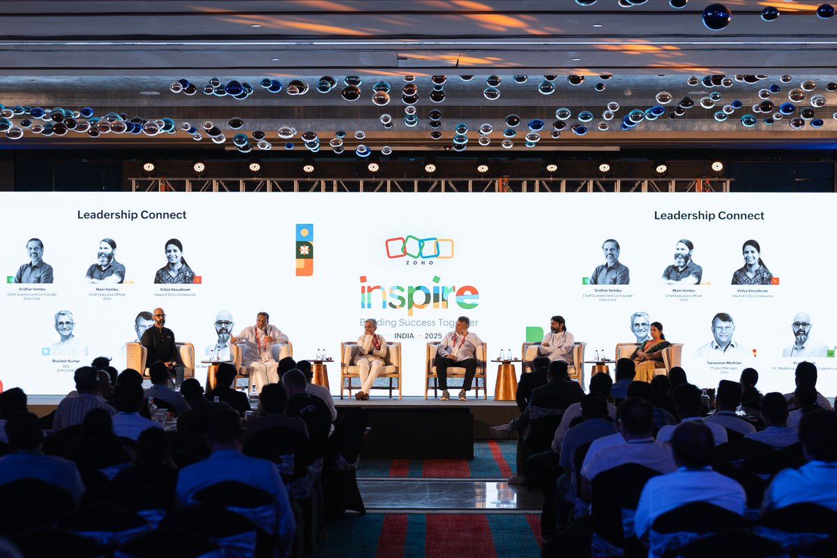 Zoho's tweet image. Our leadership team went on stage at #InspireIndia2025 to answer some forward-looking questions from our partners.
From roadmap decisions to long-term strategy, it was all about how we’re growing together. 😇