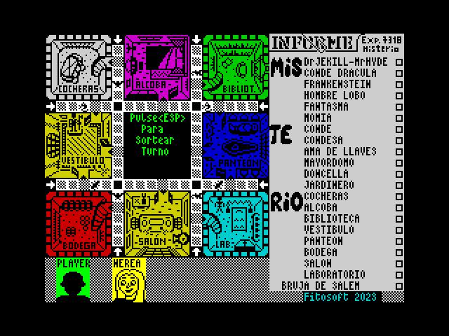 La conversion del juego Miesterio a #ZXSpectrum vien de la mano de Fitosoft. Un juego de mesa de los 80 en un microordenador. 

Fitosoft suele hacer juegos en Basic compilado con Boriel, muy buenos juegos.