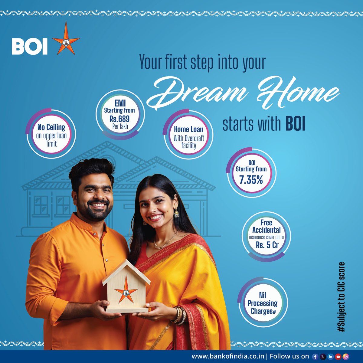 Bank of India (@bankofindia_in) on Twitter photo Turn your dream home into a reality with BOI Home Loan! Enjoy low EMIs starting from just Rs. 689 per lakh, competitive ROIs from 7.35%, and zero processing charges. Plus, get free accidental insurance cover up to Rs. 5 Cr! Your dream is just a step away. Apply Now: Turn your dream home into a reality with BOI Home Loan! Enjoy low EMIs starting from just Rs. 689 per lakh, competitive ROIs from 7.35%, and zero processing charges. Plus, get free accidental insurance cover up to Rs. 5 Cr! Your dream is just a step away. Apply Now: