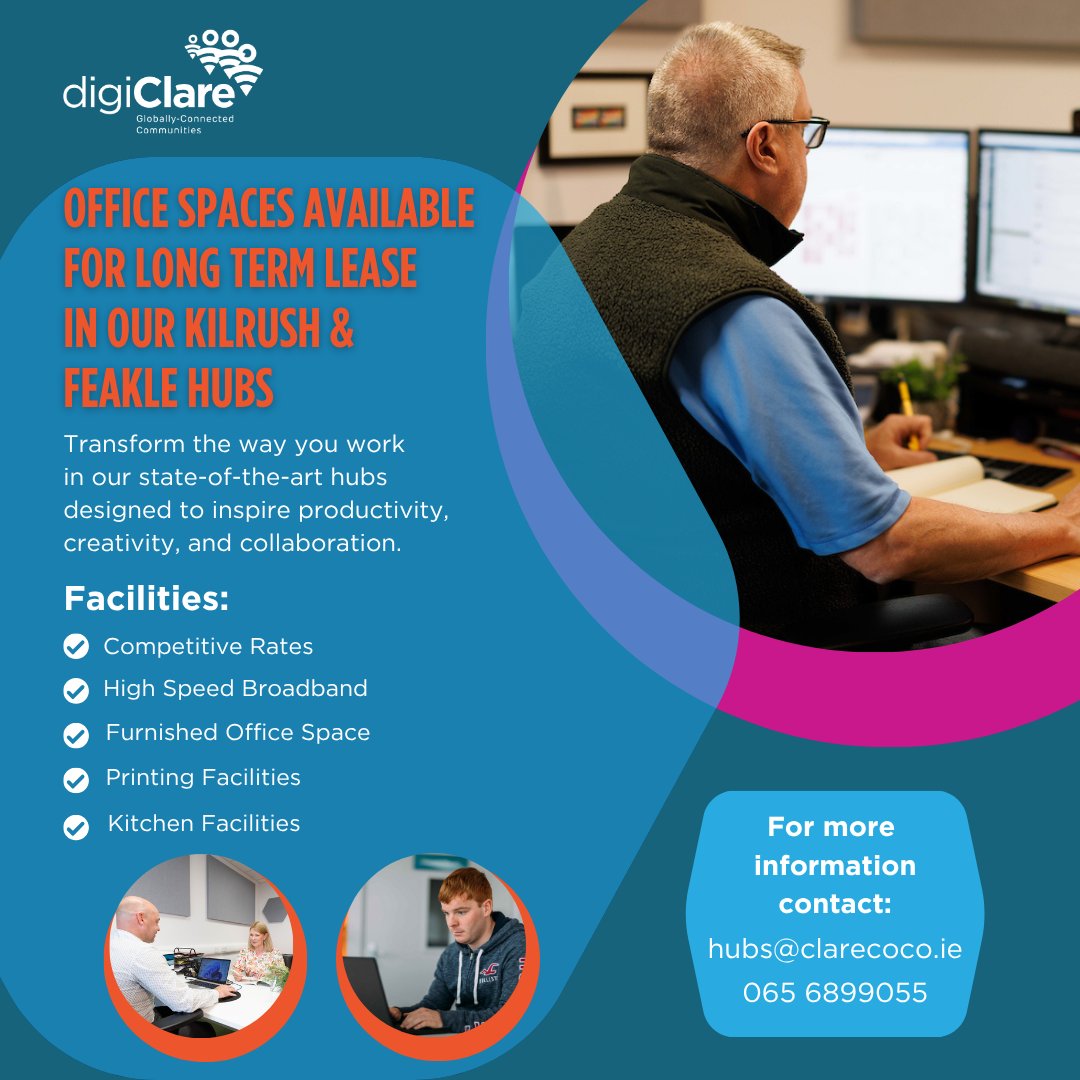 Office Spaces Available for Long-Term Rental in our Kilrush &amp; Feakle hubs.
Perfect for small teams or solo professionals.
Interested or know someone who might be? Get in touch today to arrange a viewing or to learn more.
Email: hubs@clarecoco.ie
Phone: 065 6899055