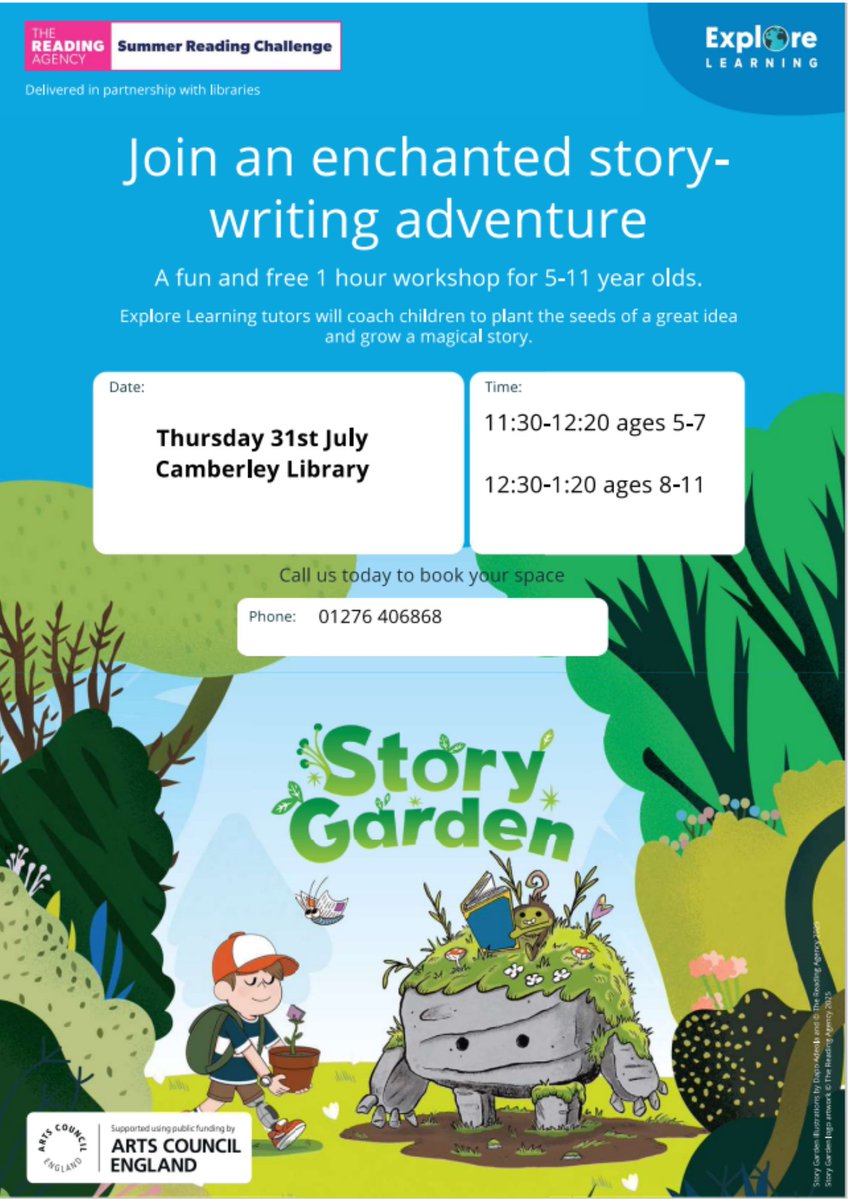Join us on an enchanted story-writing adventure! A fun and free 1 hour workshop for 5-11 year olds run by Explore Learning.

📅 Thursday 31st July
⏰ 11:30-12:20pm ages 5-7 and 12:30-1:20pm ages 8-11.

To book please phone Explore Learning on 01276 406868.

<a href="/SurreyLibraries/">Surrey Libraries UK</a>