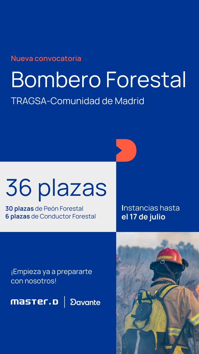 La Comunidad de Madrid y #TRAGSA ofertan 36 plazas de #Bombero Forestal:

🔸 30 de Peón Forestal
🔸 6 de Conductor Forestal

🗓 Instancias hasta el 17 de julio

Prepárate con nosotros 👉 oposicionesmasterd.es/curso-bomberos…

#BomberoForestal #Oposiciones #oposicionesbombero #oposicionesMadrid