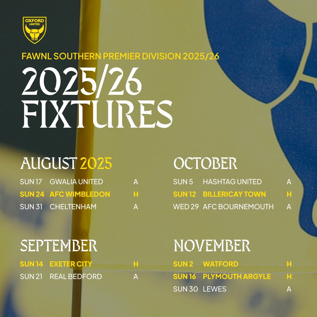 bbcoxfordsport's tweet image. NEW OUWFC FIXTURES: @OfficialOUWFC will open their campaign away at Gwalia. The first home game is against AFC Wimbledon.