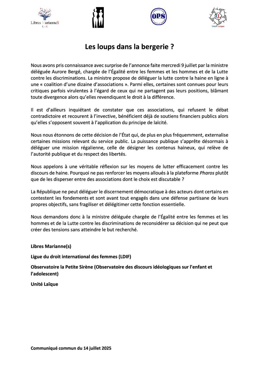 OSirene's tweet image. Notre communiqué ce jour avec les féministes et Unité Laïque
Our press release today with feminists and Unité Laïque