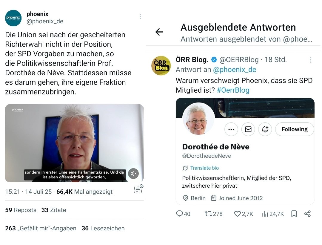 Phoenix blendet unsere Frage aus, warum der Sender verschweigt, dass die zur gescheiterten Wahl von #BrosiusGersdorf interviewte Politikwissenschaftlerin SPD Mitglied ist. #OerrBlog